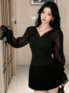 DAZY Women V-Neck Patchwork Puff Sleeve Blouse shein