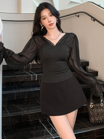 DAZY Women V-Neck Patchwork Puff Sleeve Blouse