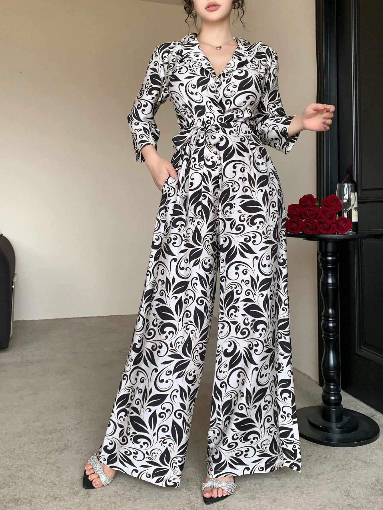 DAZY Women's Vacation Floral Print 3/4 Sleeve Palazzo Jumpsuit