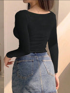 Women's Solid Color Sweetheart Neck Ruched Fitted Long Sleeve T-Shirt