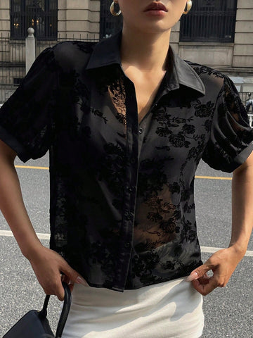 DAZY Minimalist Sheer Mesh Chiffon Short Sleeve Shirt Blouse