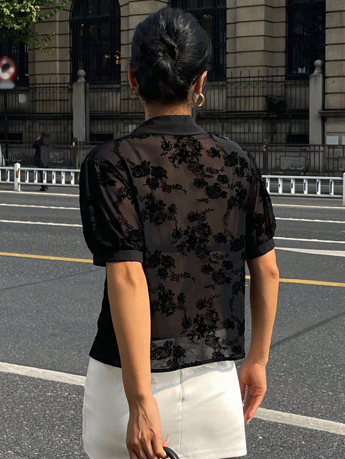 DAZY Minimalist Sheer Mesh Chiffon Short Sleeve Shirt Blouse shein
