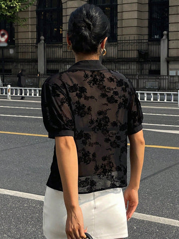 DAZY Minimalist Sheer Mesh Chiffon Short Sleeve Shirt Blouse