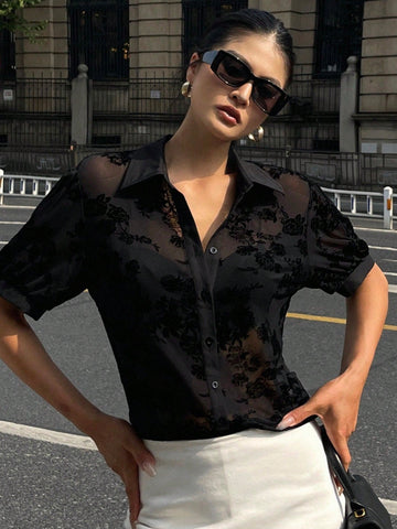 DAZY Minimalist Sheer Mesh Chiffon Short Sleeve Shirt Blouse