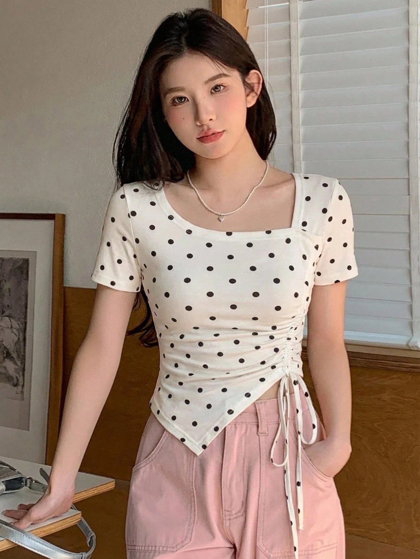 Women's Casual Polka Dot Print Drawstring Detail Asymmetric Hem Short Sleeve T-Shirt shein