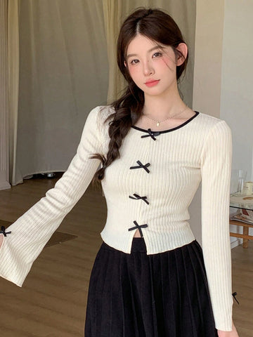 DAZY Women's Casual Round Neck Long Sleeve Tee With Bow Decor And Slit Hem
