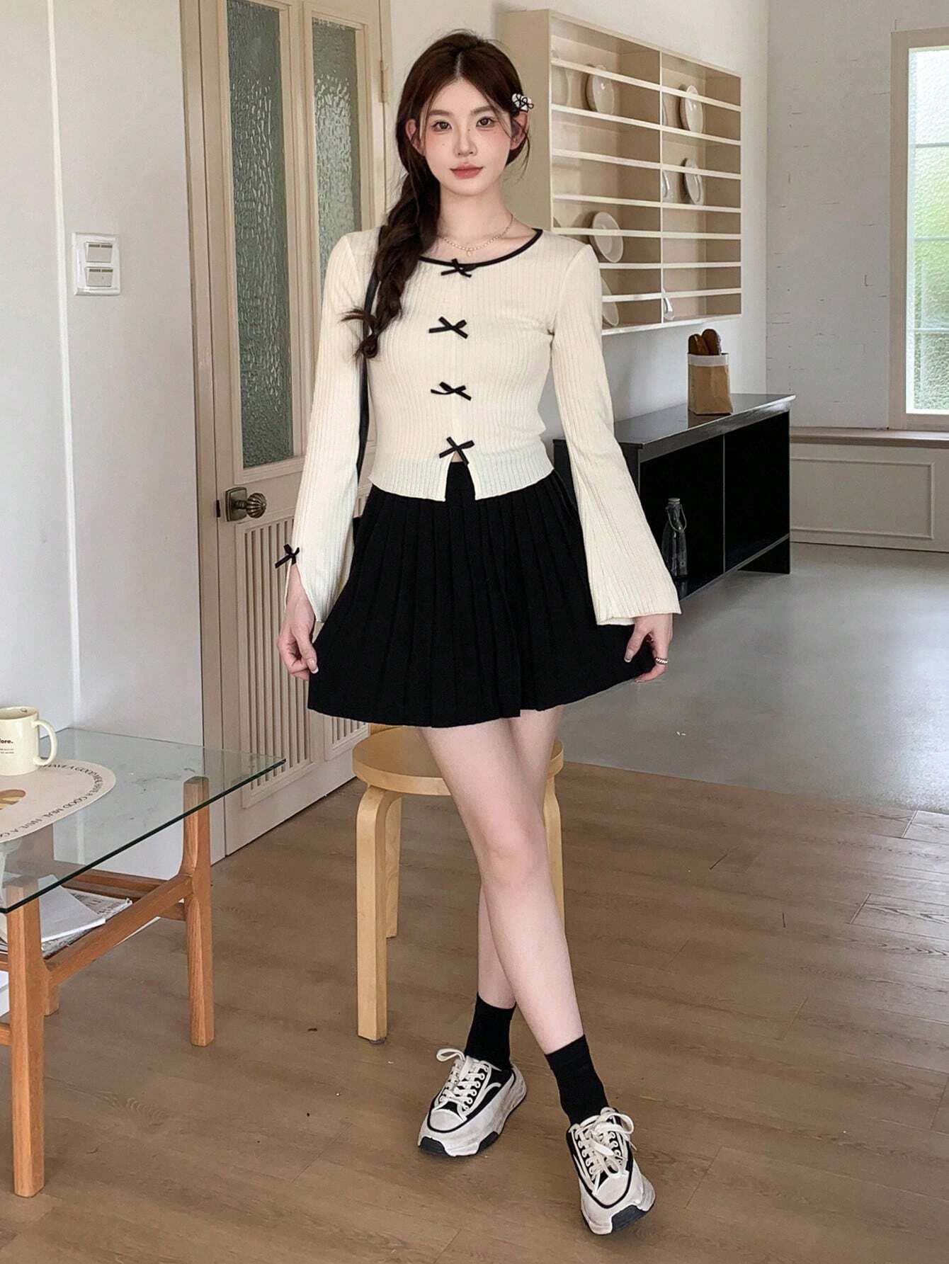 DAZY Women's Casual Round Neck Long Sleeve Tee With Bow Decor And Slit Hem