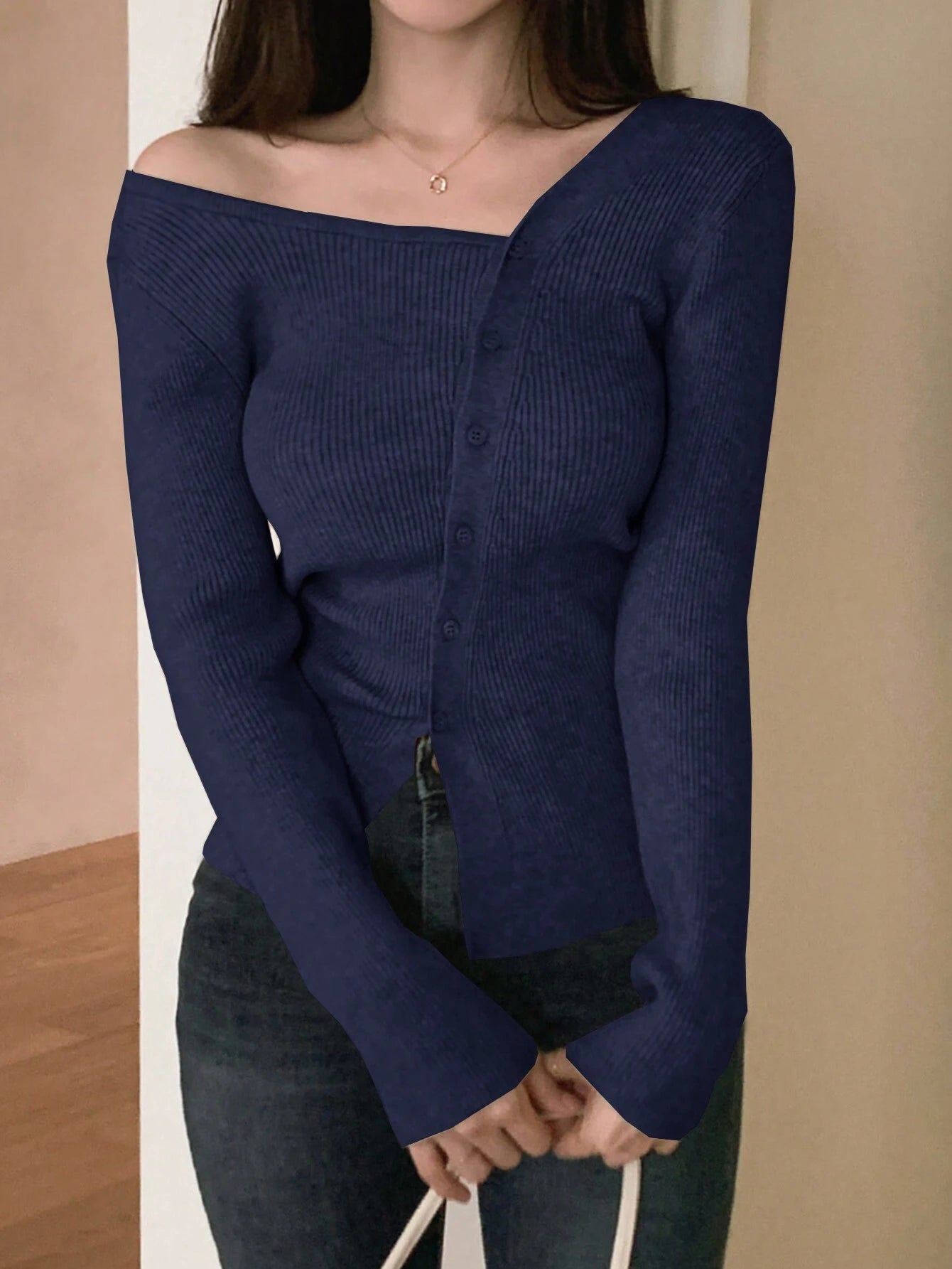 DAZY Women's Casual Solid Color Front Button Oblique Shoulder Cardigan shein