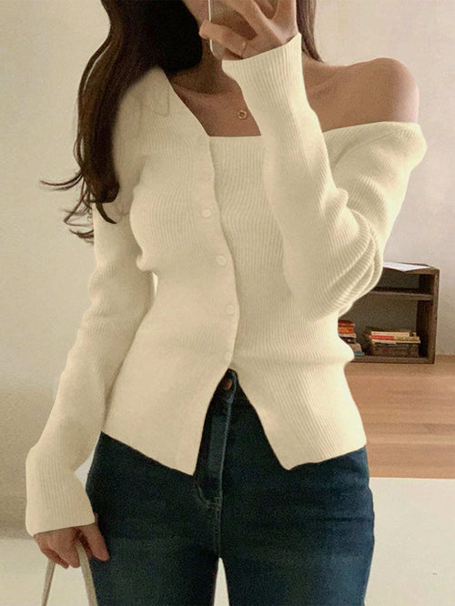 DAZY Women's Casual Solid Color Front Button Oblique Shoulder Cardigan shein