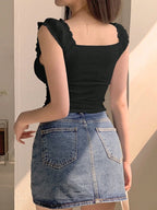 Women's Solid Color Sweetheart Neck Ruched Fitted Long Sleeve T-Shirt