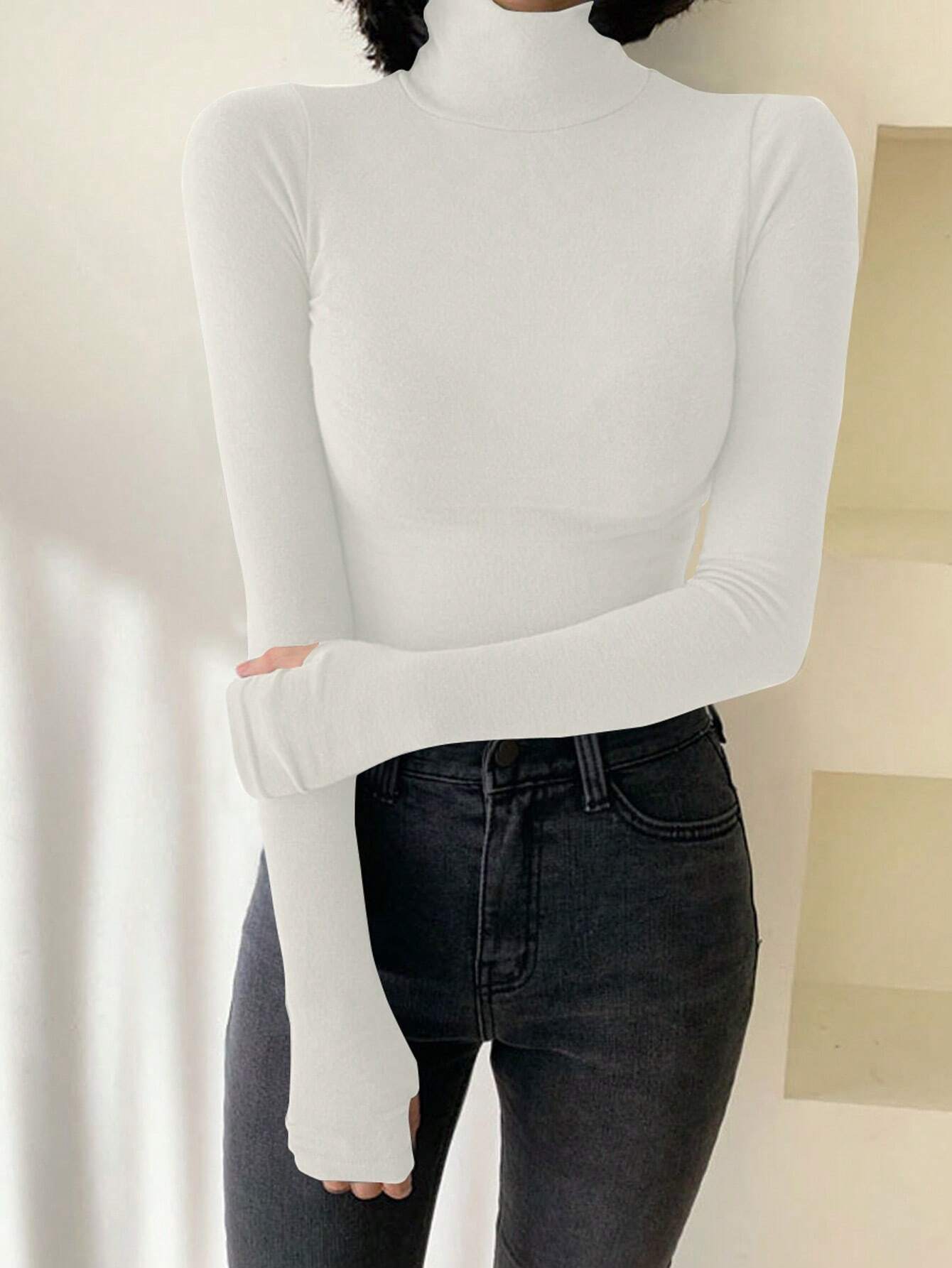 Solid Color Turtleneck Form-Fitting Thermal Lined T-Shirt Long Sleeve