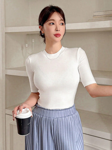 Women Plain Round Neck Short Sleeve Slim Fit Casual Top