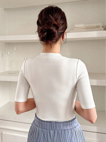 Women Plain Round Neck Short Sleeve Slim Fit Casual Top