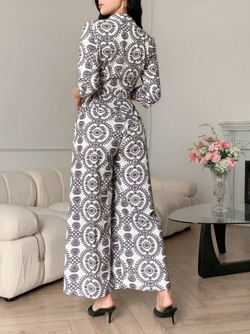 DAZY Women's Vacation Floral Print 3/4 Sleeve Palazzo Jumpsuit