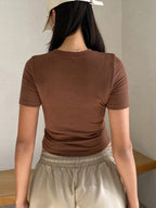 Women's Solid Color Hollow Out Round Neck Fitted Long Sleeve T-Shirt