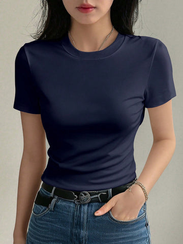 DAZY Women's Solid Color Crew Neck Fitted Short Sleeve Undershirt Summer Preppy Tops