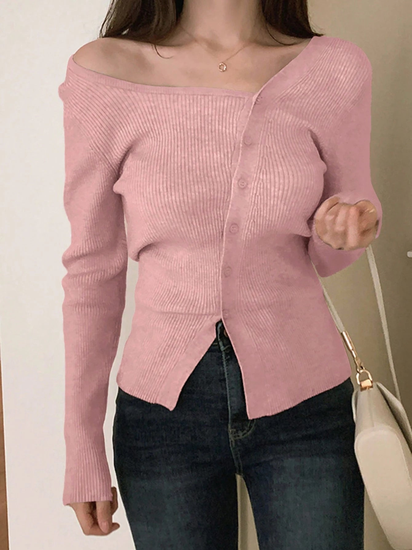 DAZY Women's Casual Solid Color Front Button Oblique Shoulder Cardigan shein