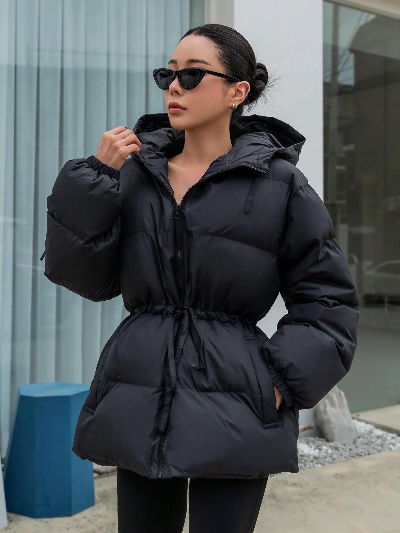 Women's Hooded Cinched Waist Loose Fit Long Sleeve Padded Coat