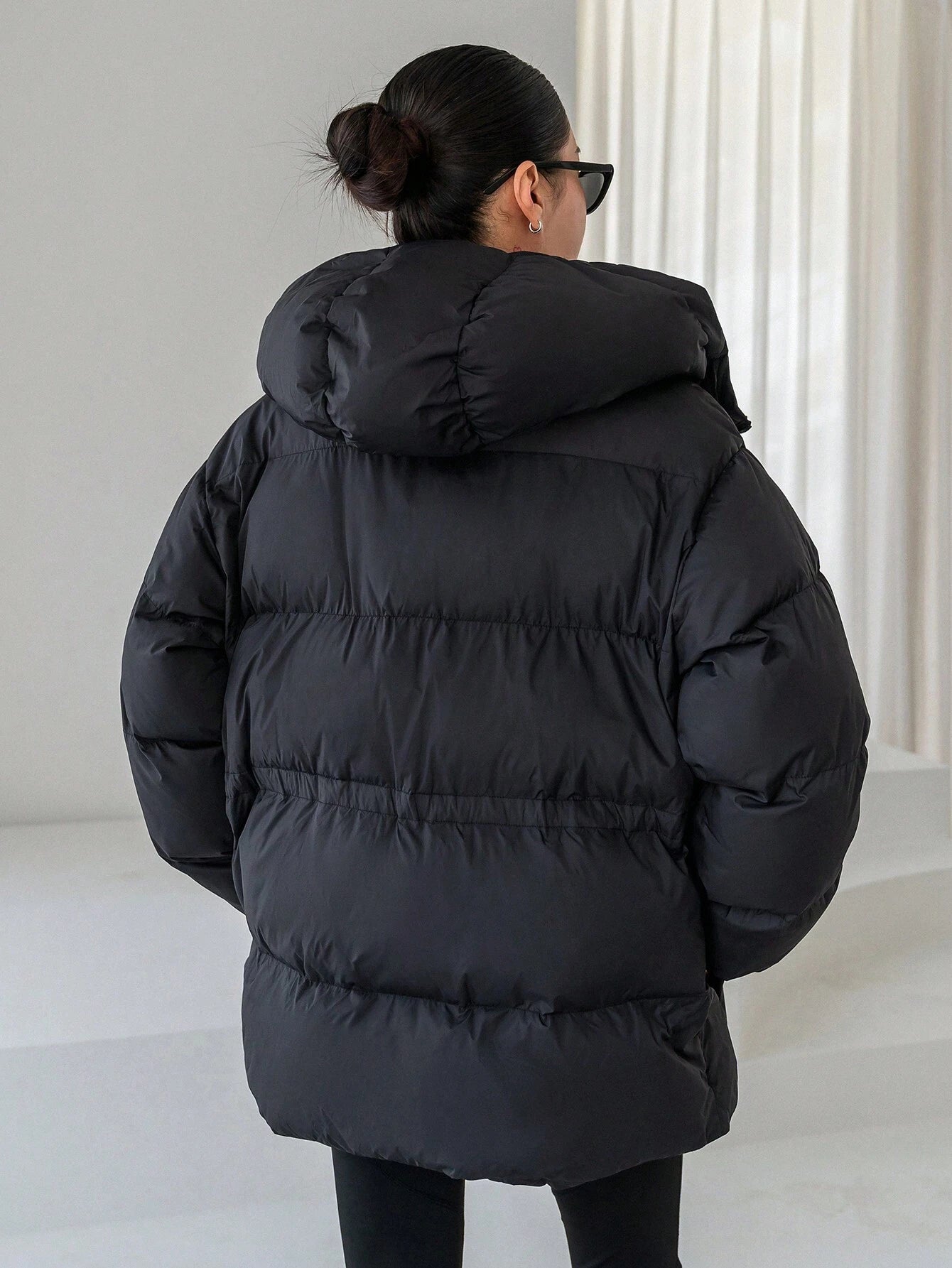 Women's Hooded Cinched Waist Loose Fit Long Sleeve Padded Coat