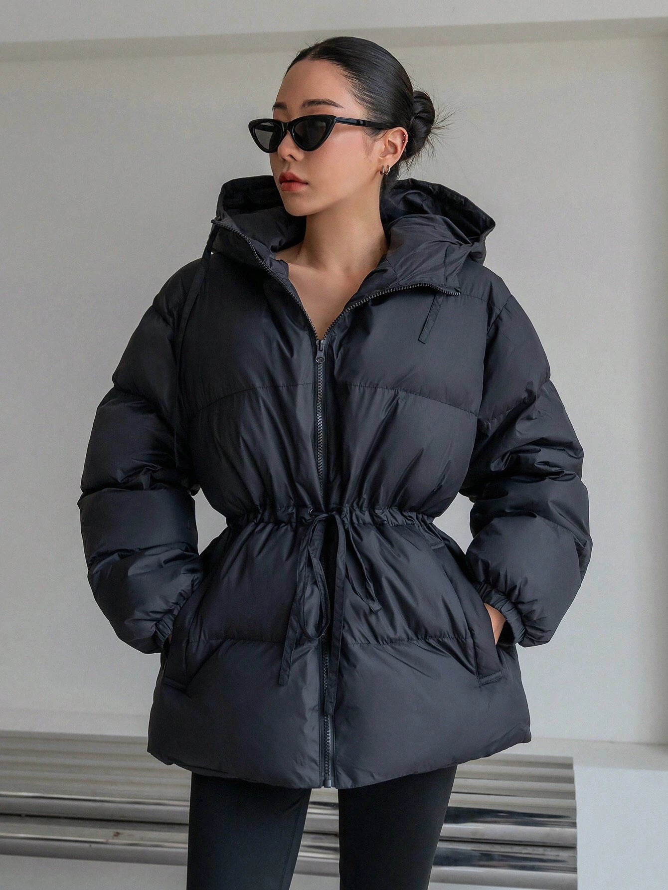 Women's Hooded Cinched Waist Loose Fit Long Sleeve Padded Coat