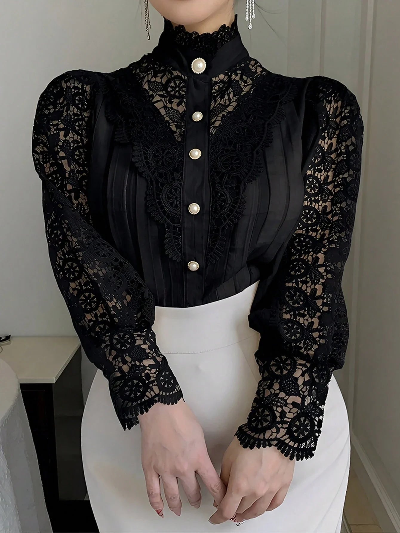 DAZY Women's Lace Patchwork Petal Sleeve Loose Blouse shein