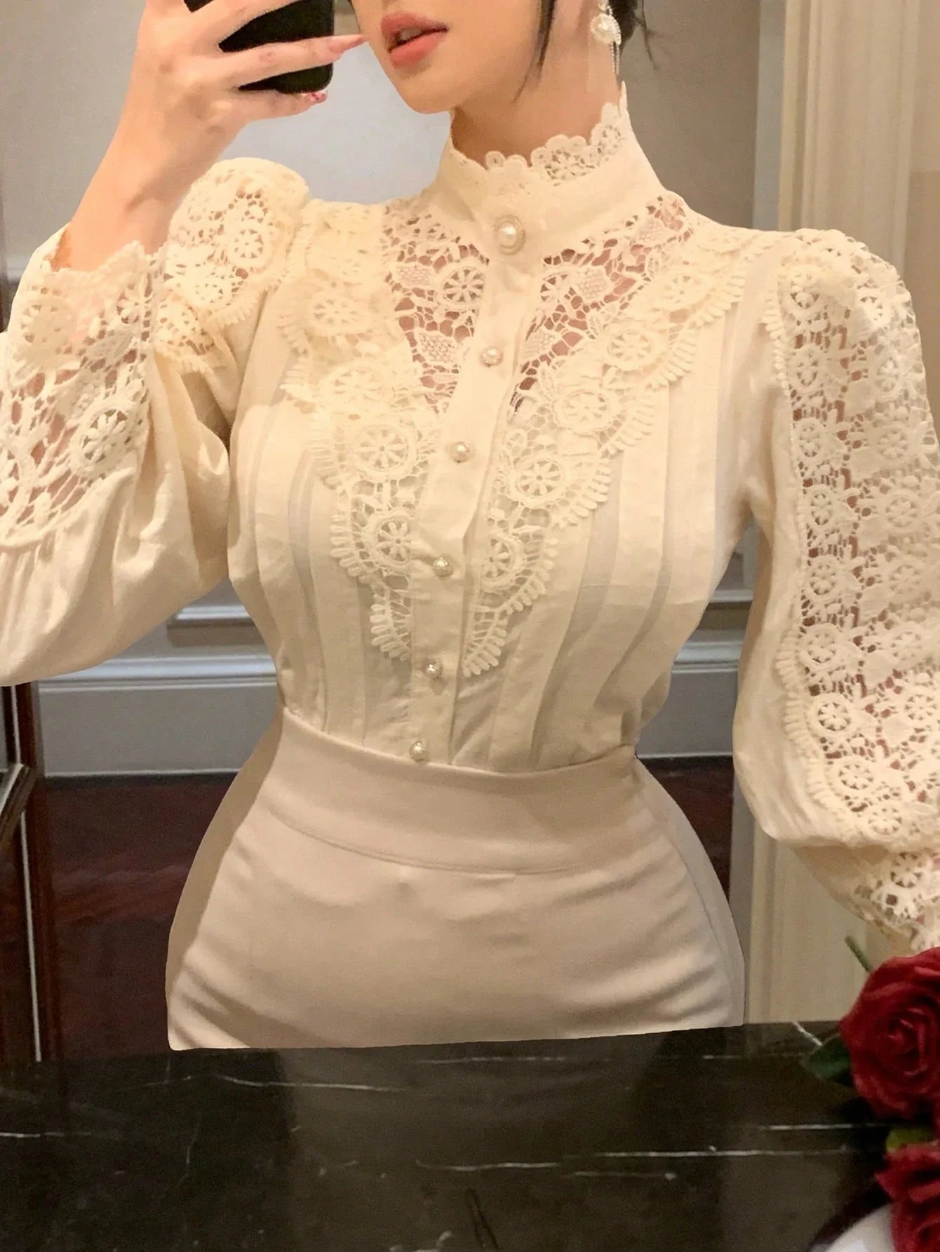 DAZY Women's Lace Patchwork Petal Sleeve Loose Blouse shein