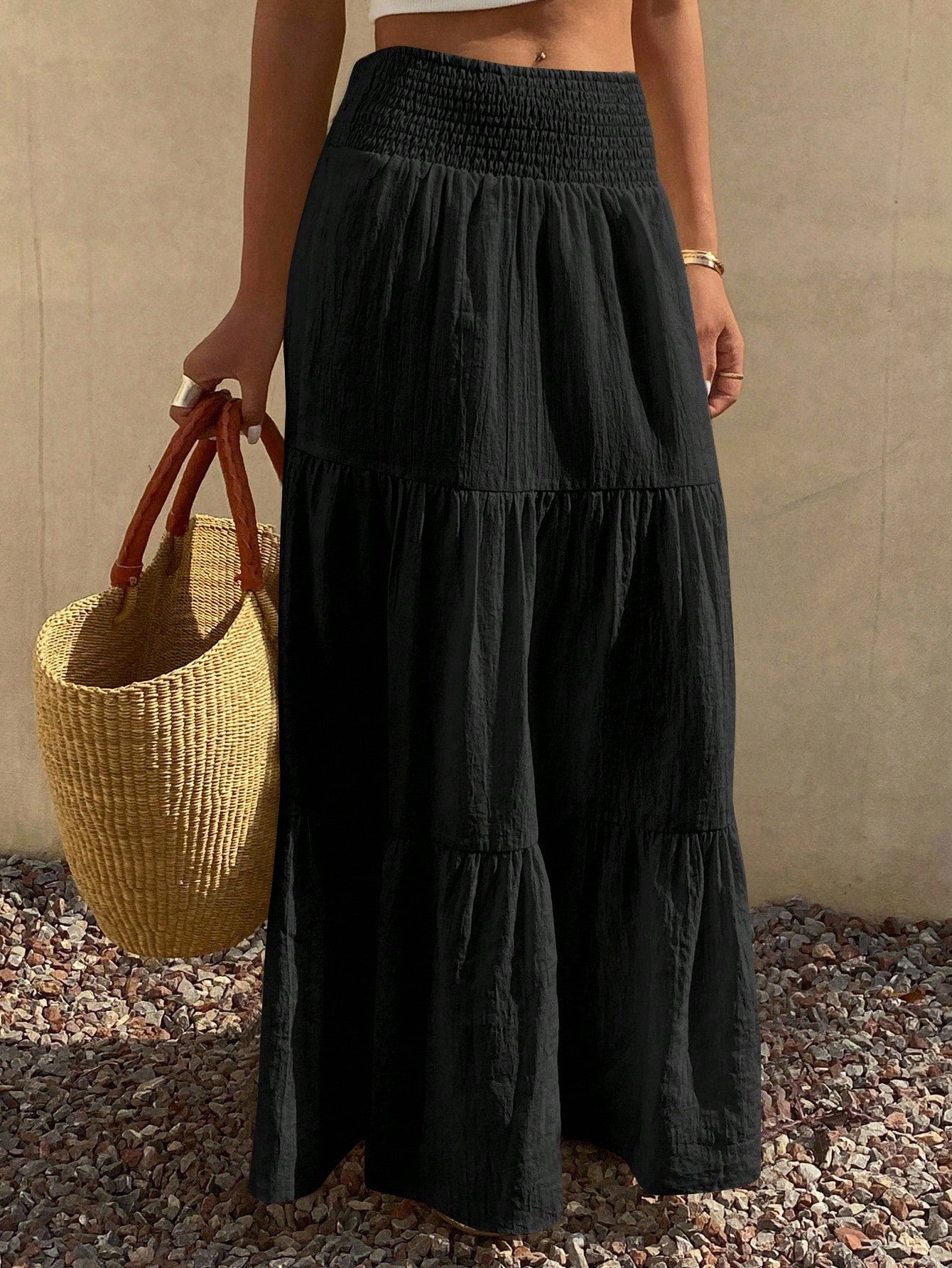 DAZY Women's Lightweight Summer Vacation Solid Color Textured Ruffle Hem Skirt