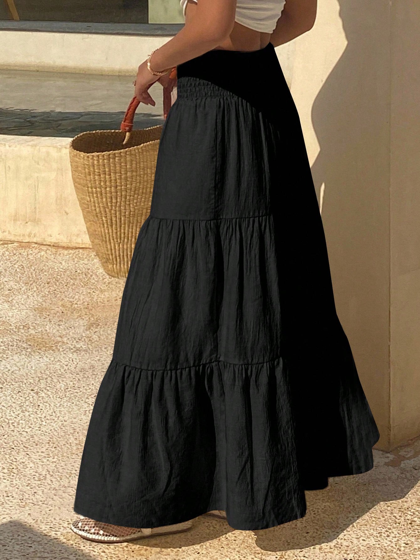 DAZY Women's Lightweight Summer Vacation Solid Color Textured Ruffle Hem Skirt