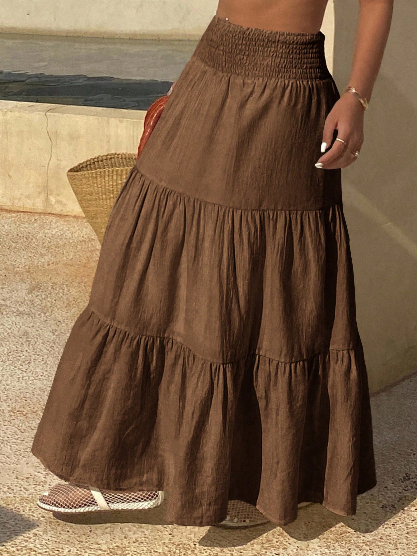 DAZY Women's Lightweight Summer Vacation Solid Color Textured Ruffle Hem Skirt