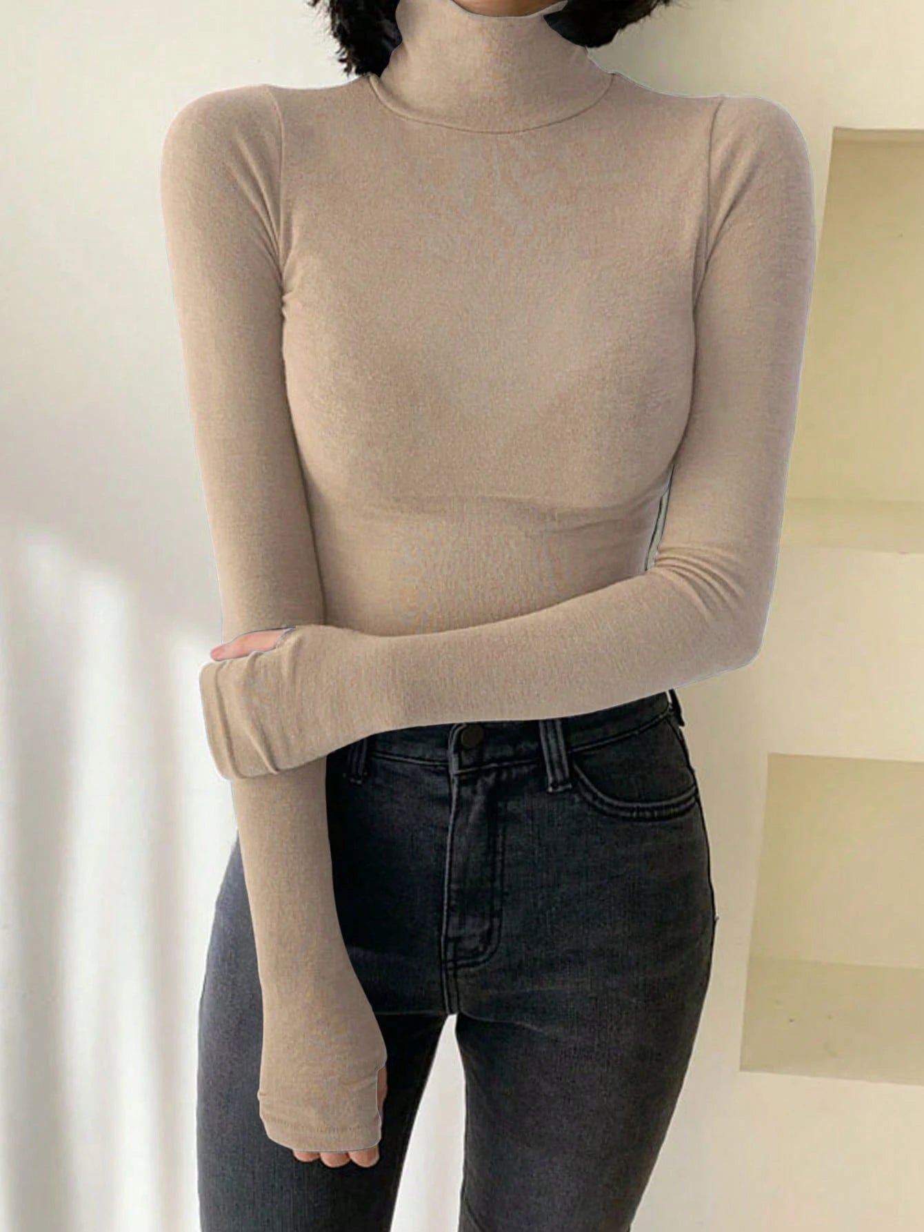 Solid Color Turtleneck Form-Fitting Thermal Lined T-Shirt Long Sleeve