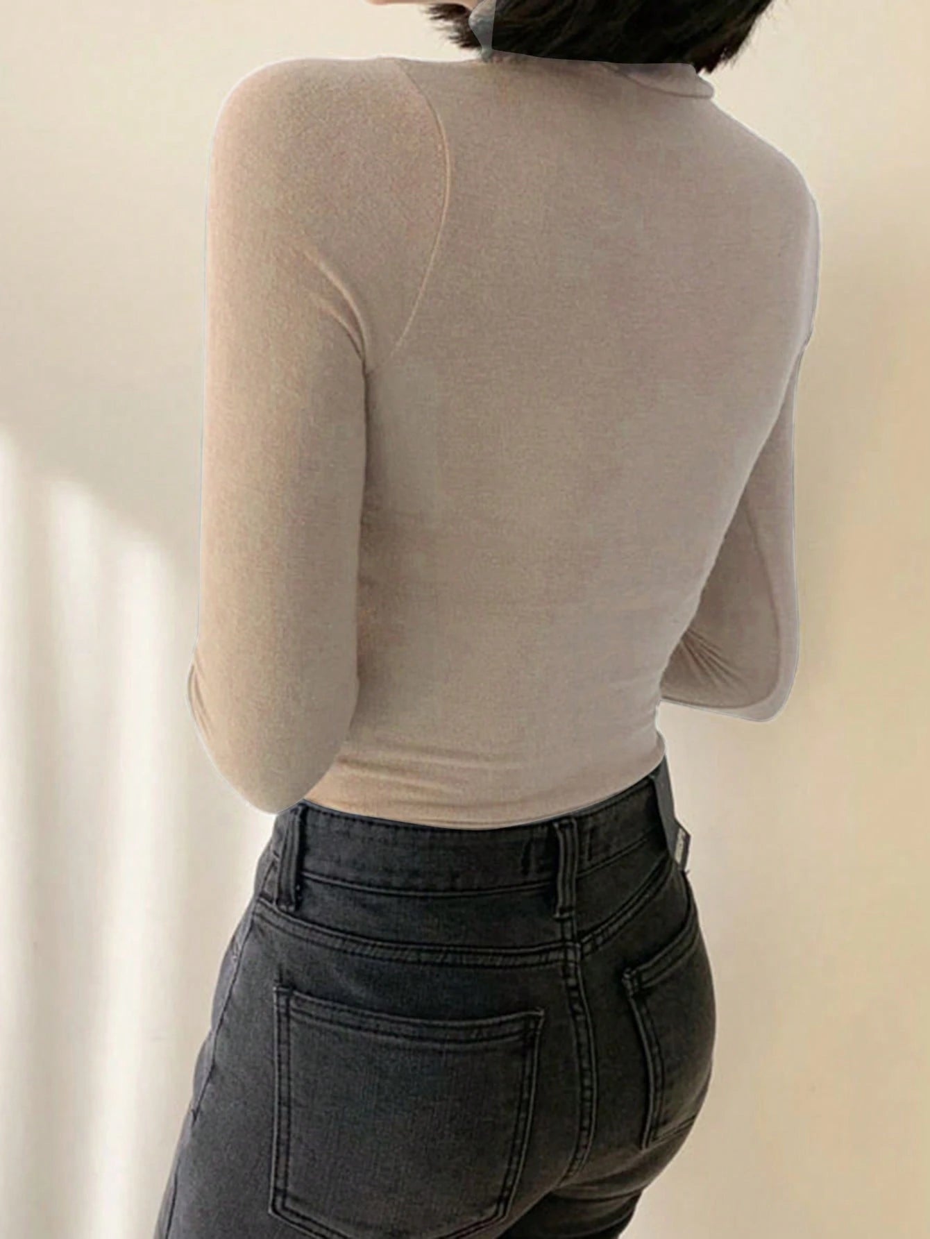 Solid Color Turtleneck Form-Fitting Thermal Lined T-Shirt Long Sleeve