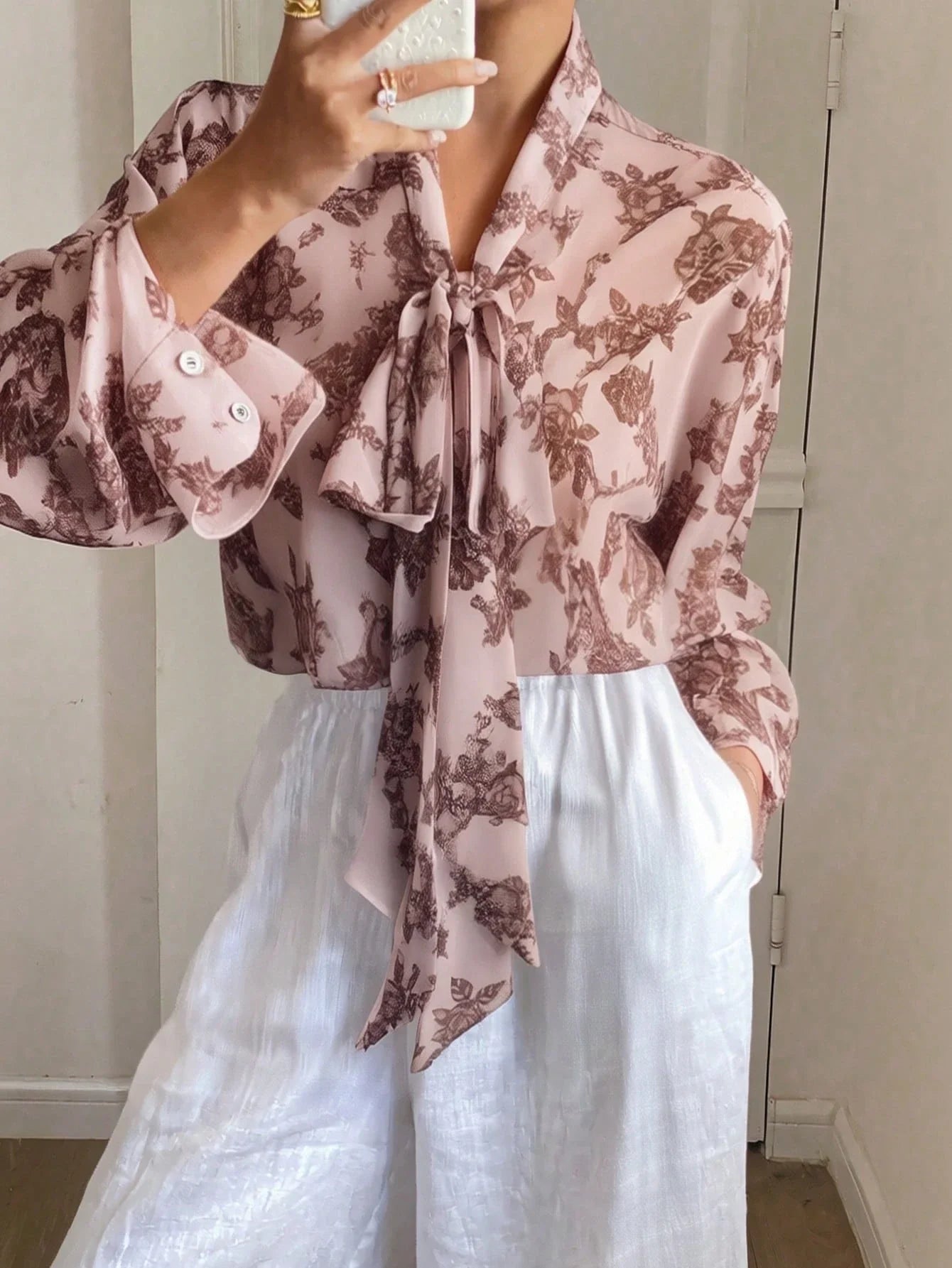 Women's Loose Tie Neck Long Sleeve Thin Casual Summer Blouse shein