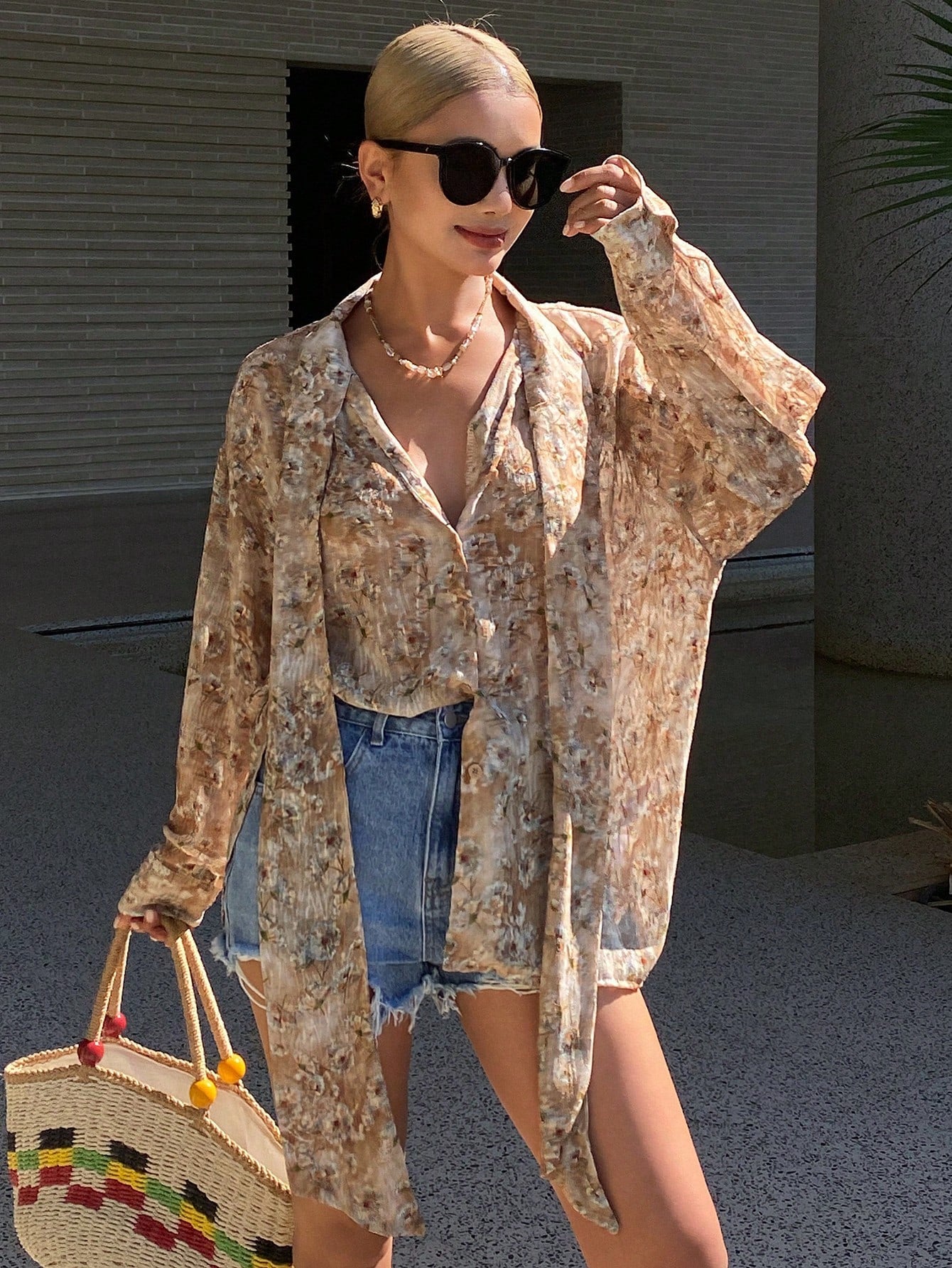 Women's Loose Tie Neck Long Sleeve Thin Casual Summer Blouse shein