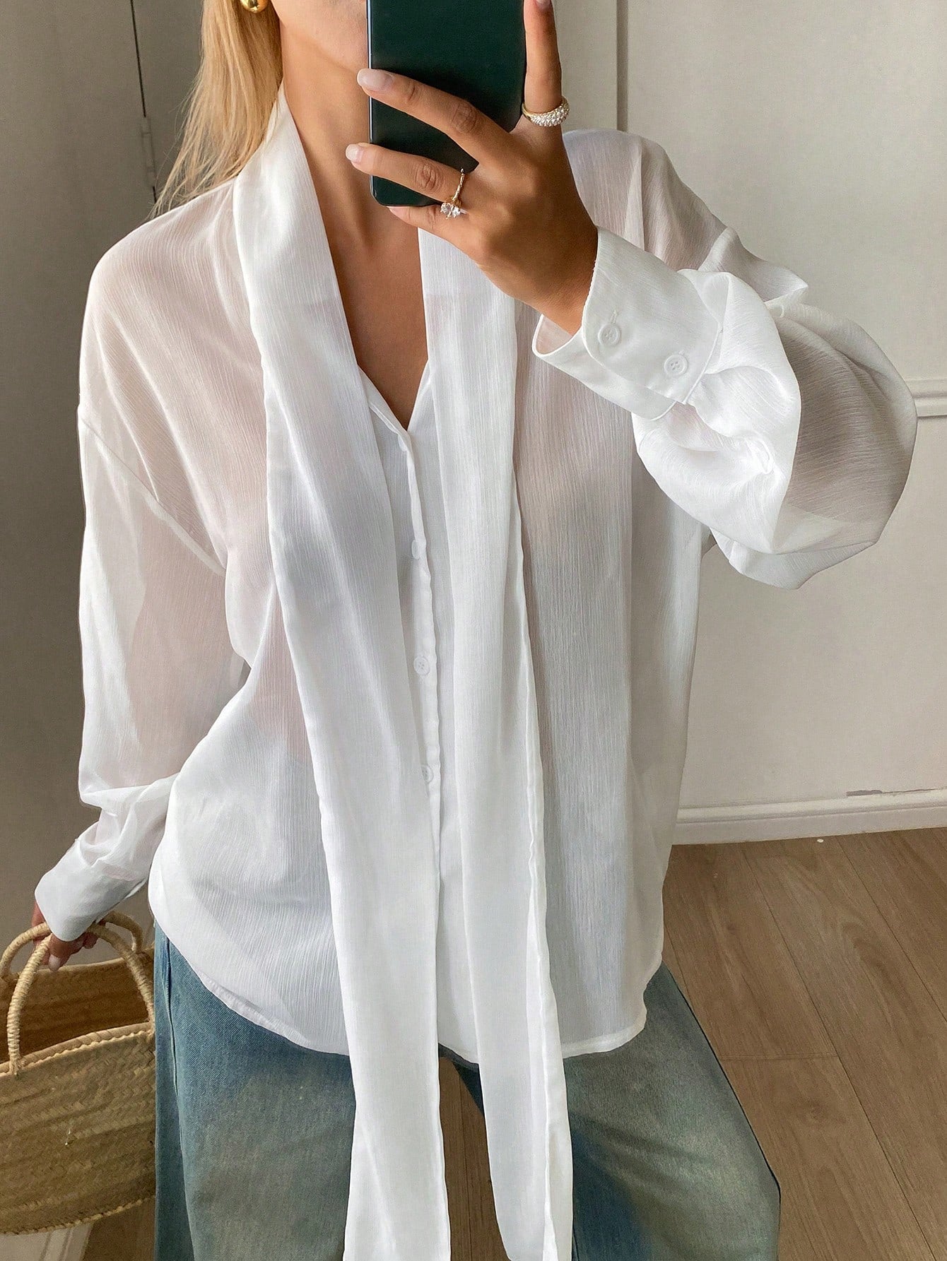 Women's Loose Tie Neck Long Sleeve Thin Casual Summer Blouse shein