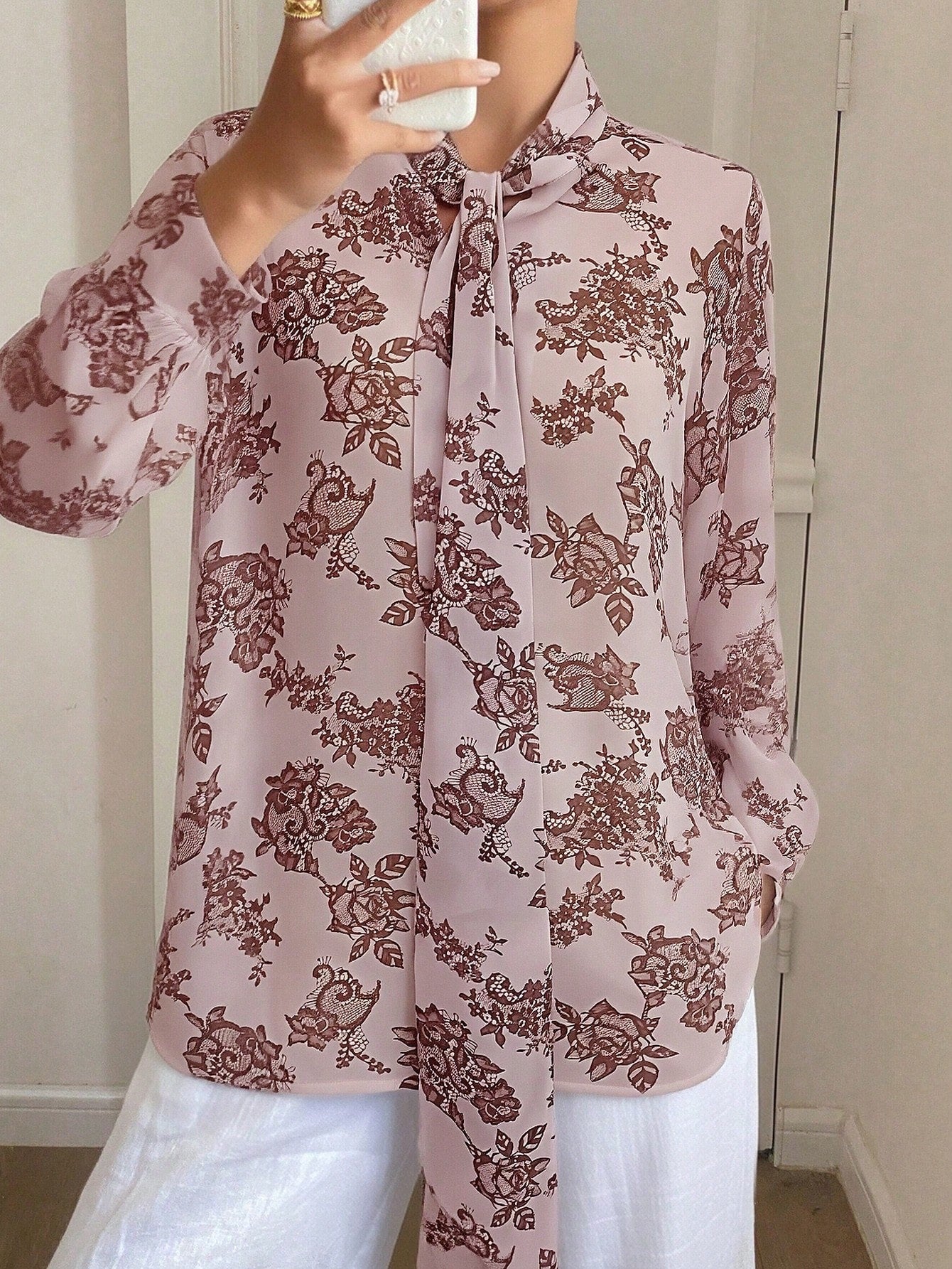 Women's Loose Tie Neck Long Sleeve Thin Casual Summer Blouse shein