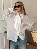 Women's Loose Tie Neck Long Sleeve Thin Casual Summer Blouse shein