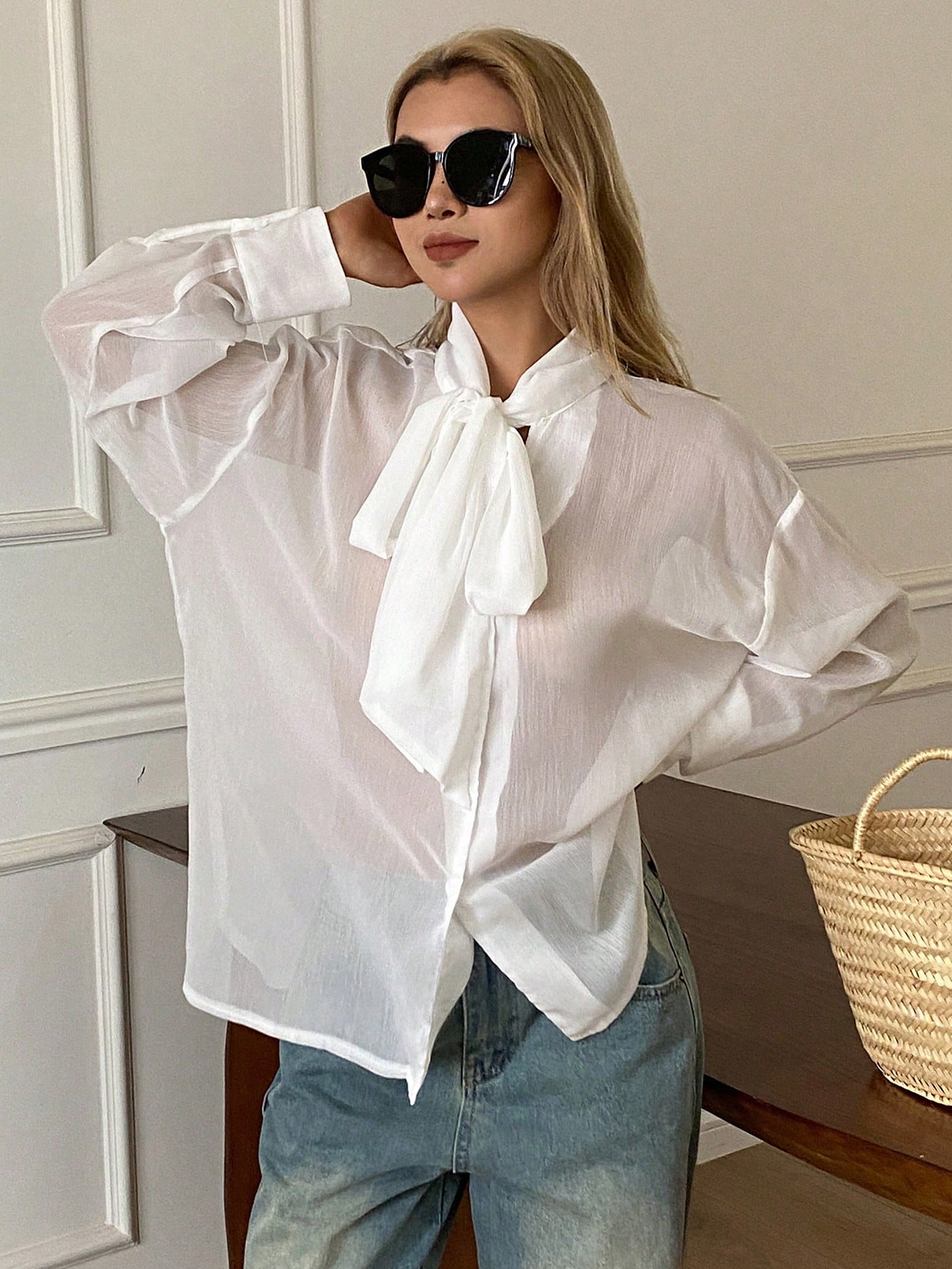 Women's Loose Tie Neck Long Sleeve Thin Casual Summer Blouse shein