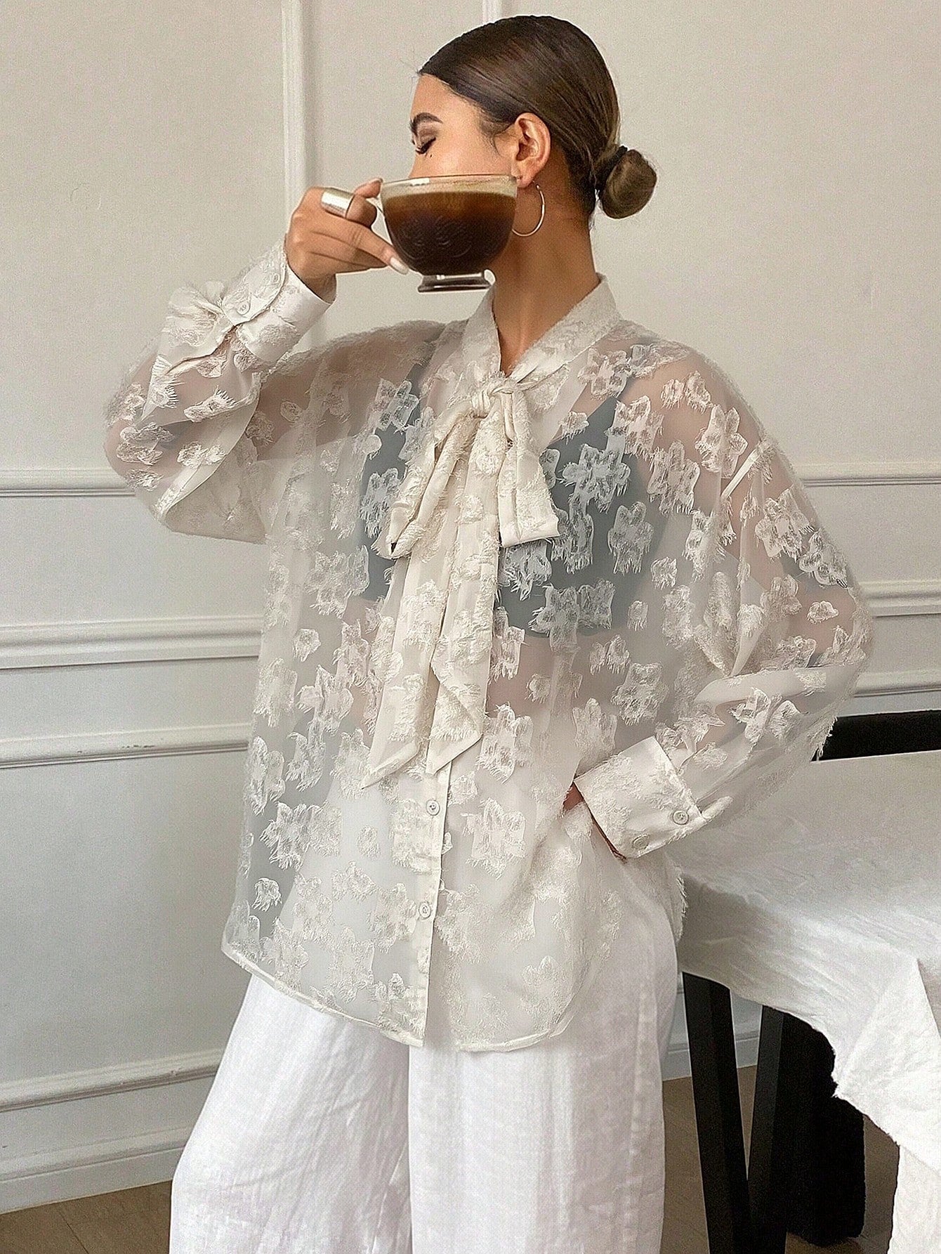 Women's Loose Tie Neck Long Sleeve Thin Casual Summer Blouse shein