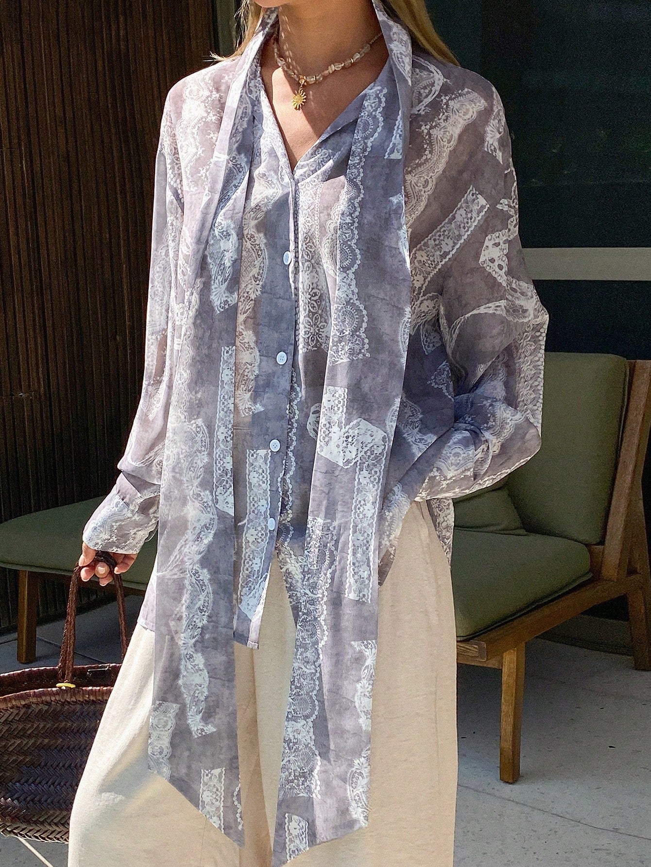 Women's Loose Tie Neck Long Sleeve Thin Casual Summer Blouse shein