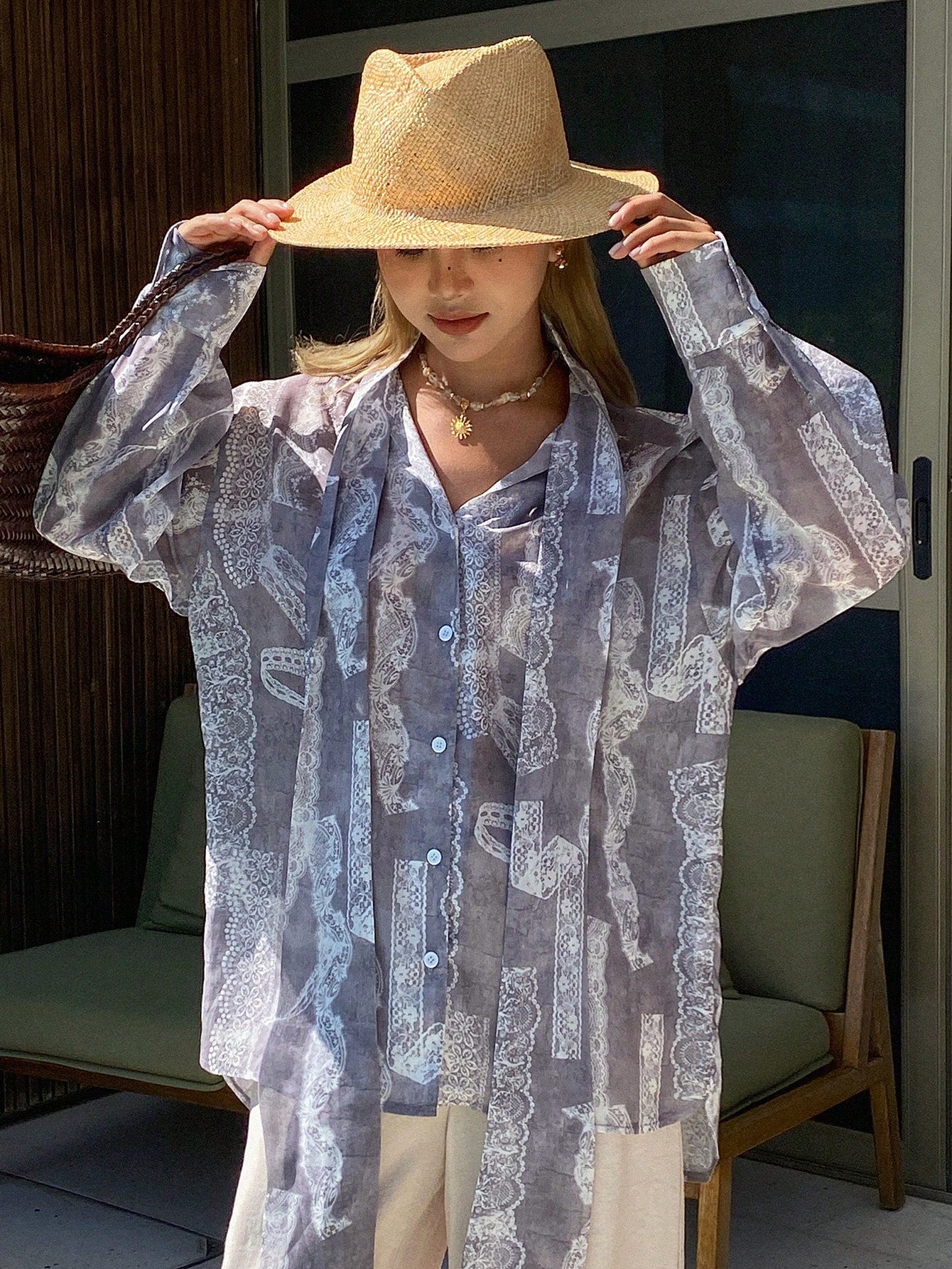 Women's Loose Tie Neck Long Sleeve Thin Casual Summer Blouse shein