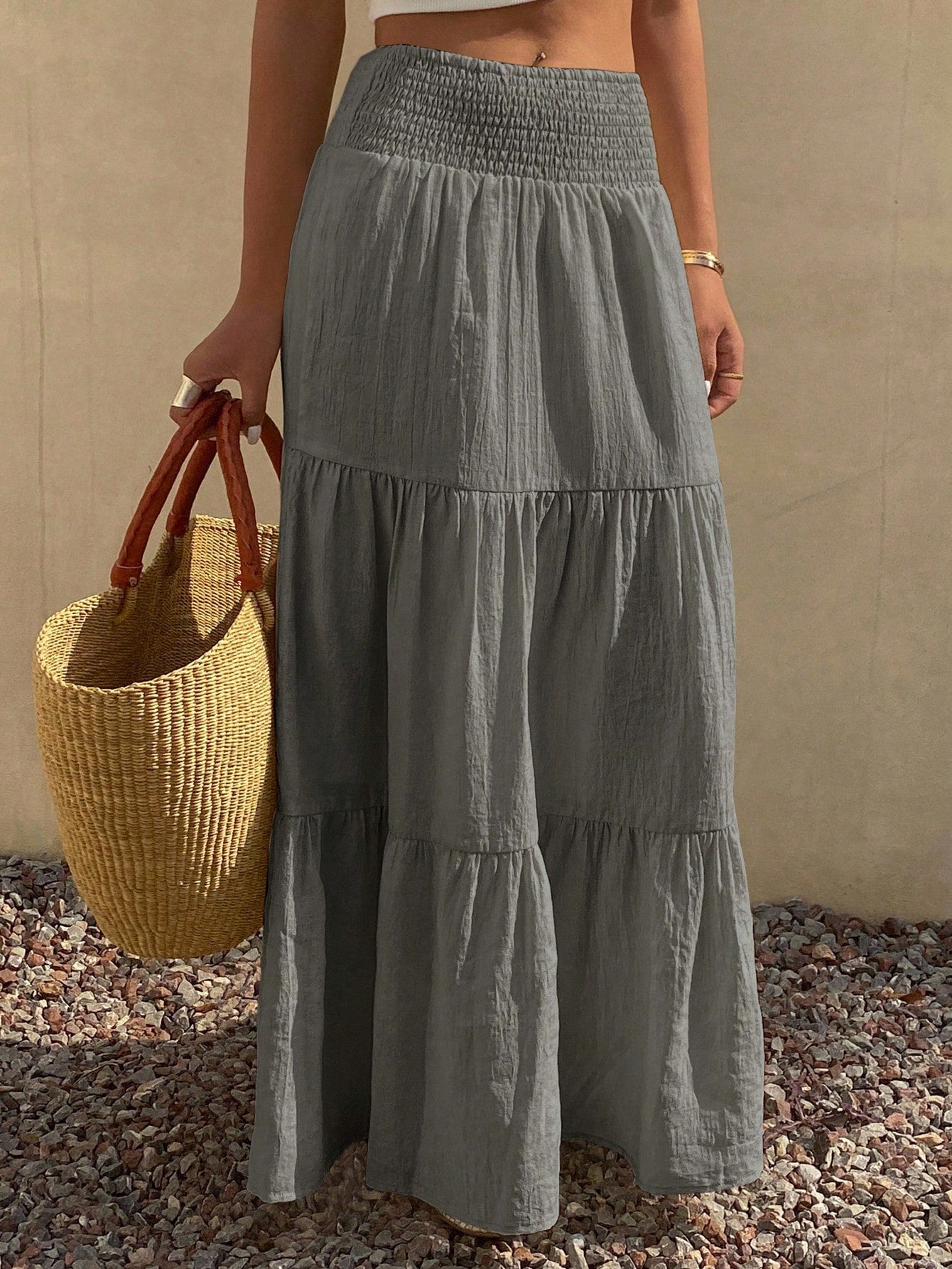 DAZY Women's Lightweight Summer Vacation Solid Color Textured Ruffle Hem Skirt