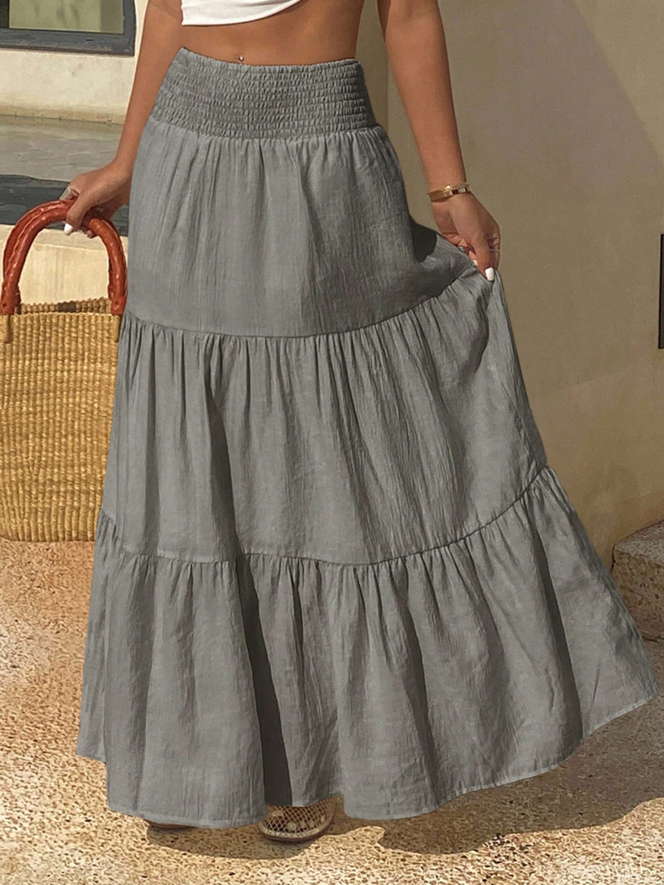 DAZY Women's Lightweight Summer Vacation Solid Color Textured Ruffle Hem Skirt