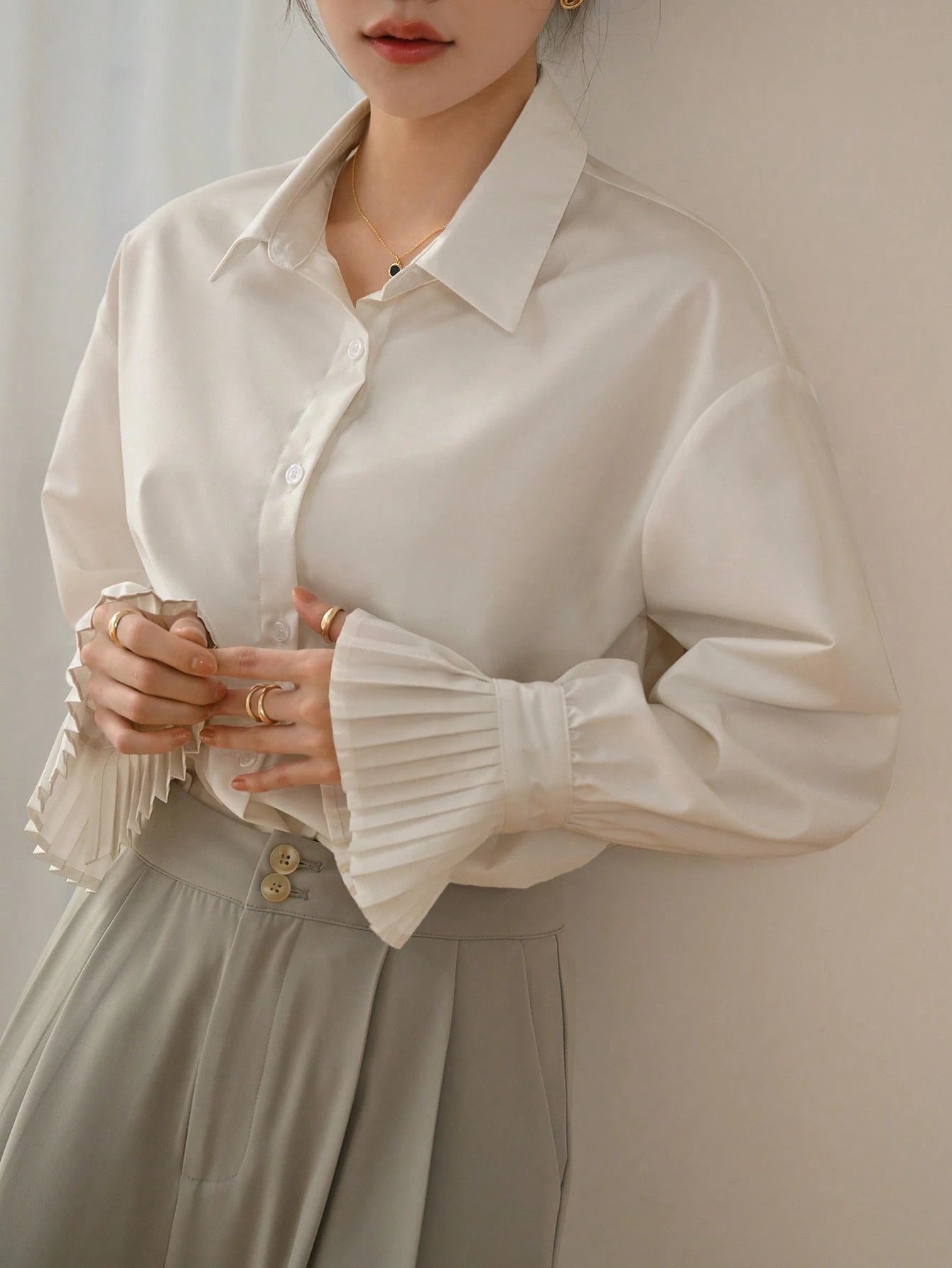 Women's Plain Long Sleeve Business Casual Shirt shein