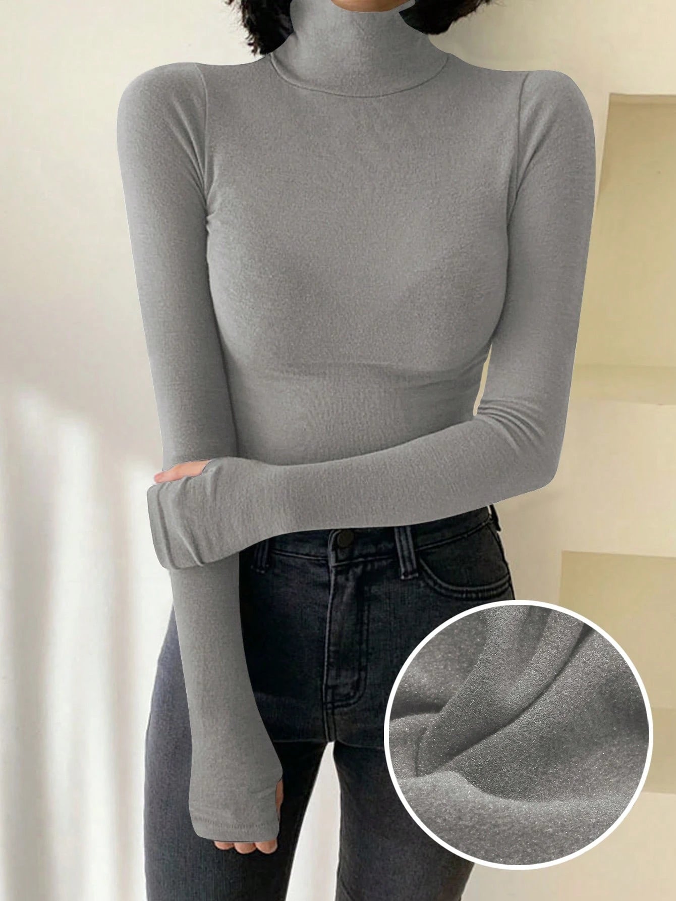Solid Color Turtleneck Form-Fitting Thermal Lined T-Shirt Long Sleeve