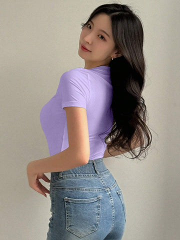 DAZY Women's Solid Color Crew Neck Fitted Short Sleeve Undershirt Summer Preppy Tops