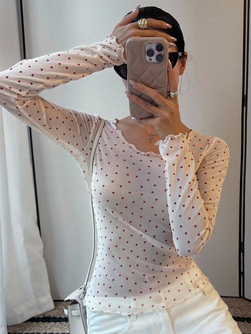 DAZY Women's Polka Dot Semi-Sheer Long Sleeve Crew Neck Base Layer Top shein