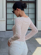 DAZY Women's Polka Dot Semi-Sheer Long Sleeve Crew Neck Base Layer Top shein