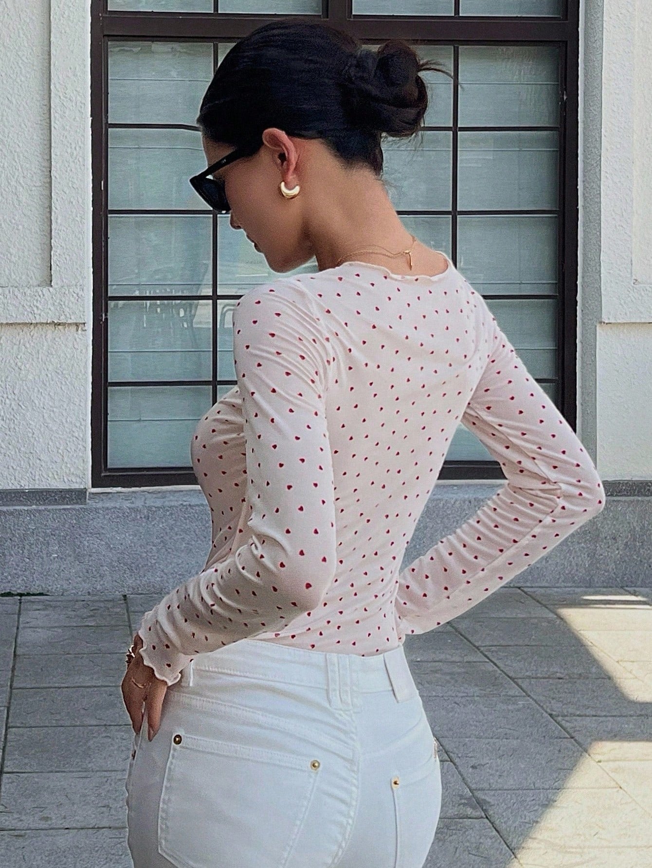 DAZY Women's Polka Dot Semi-Sheer Long Sleeve Crew Neck Base Layer Top shein