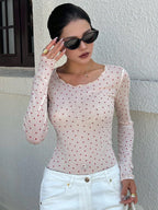 DAZY Women's Polka Dot Semi-Sheer Long Sleeve Crew Neck Base Layer Top shein