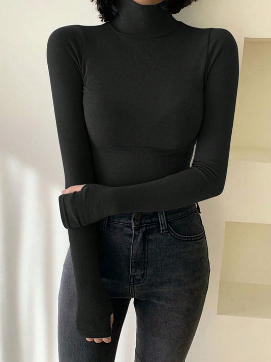 Solid Color Turtleneck Form-Fitting Thermal Lined T-Shirt Long Sleeve